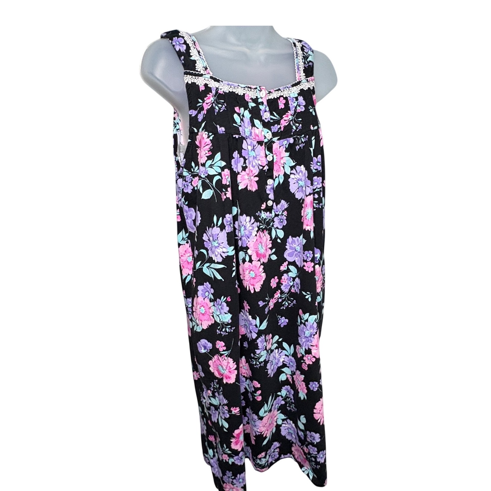 Cotton Med Nightgown Black Pink Purple Sleeveless Lace Aria Sleepwear Grannycore